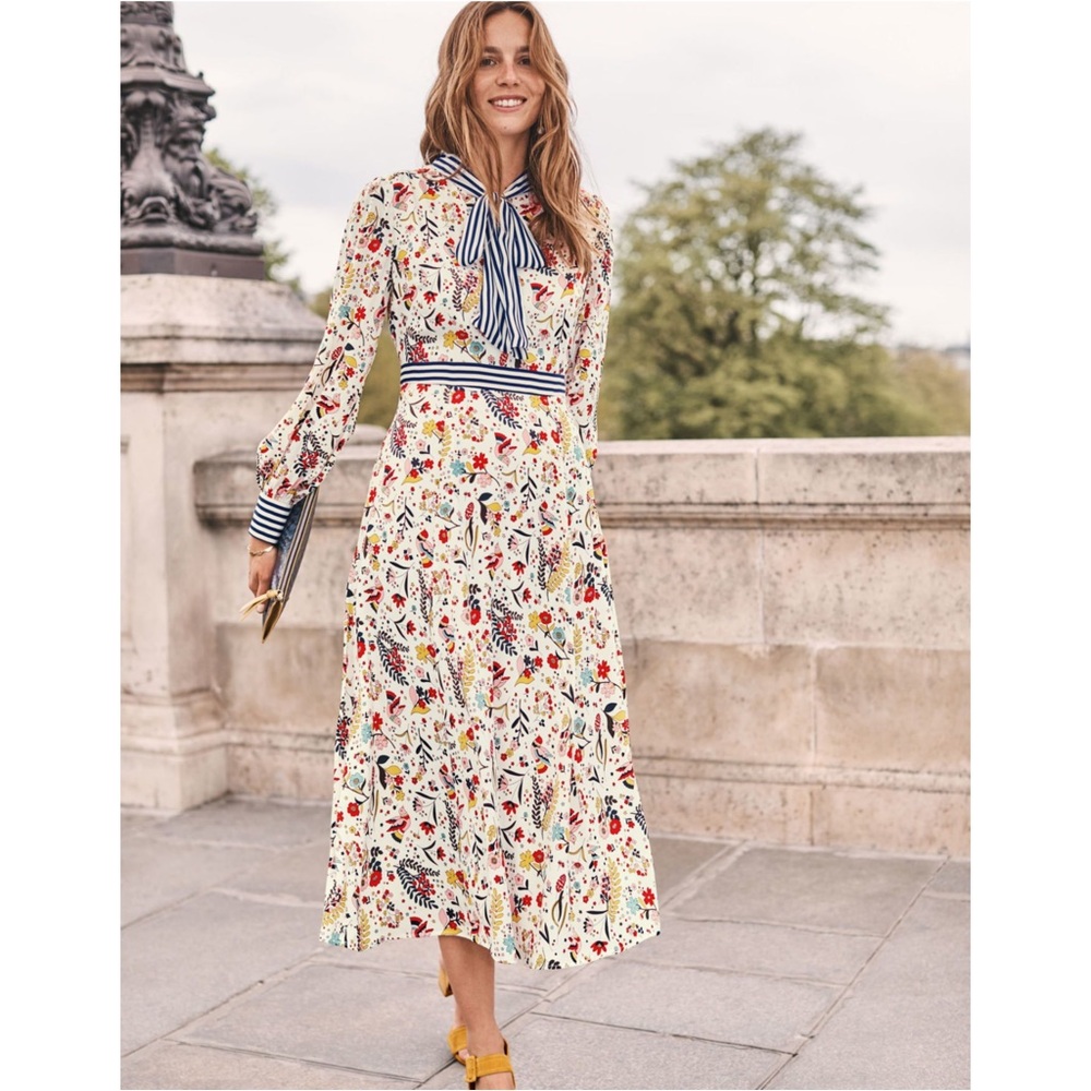 Boden Floral Dress with Striped Accents